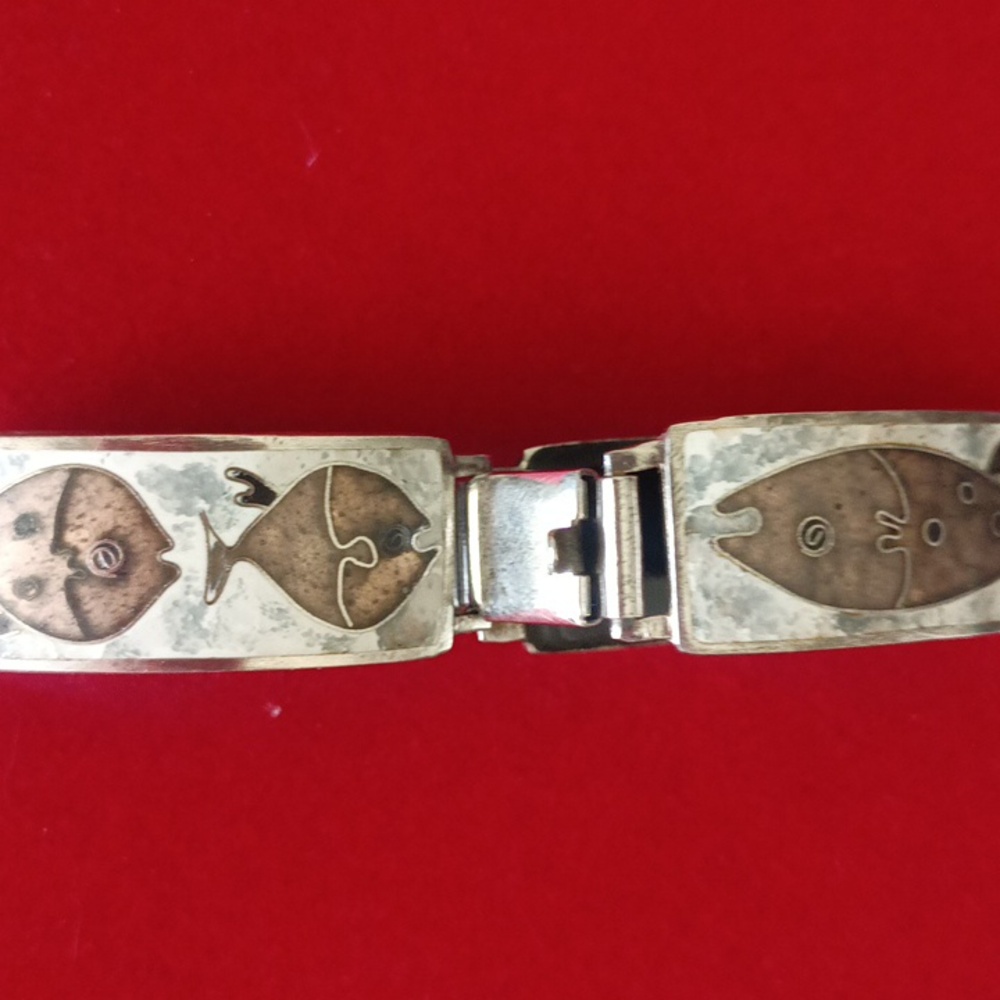 Perli Werkstatte Germany 1950s Enamel Copper/Sterling Link Fish Bracelet Marked - Picture 5 of 9